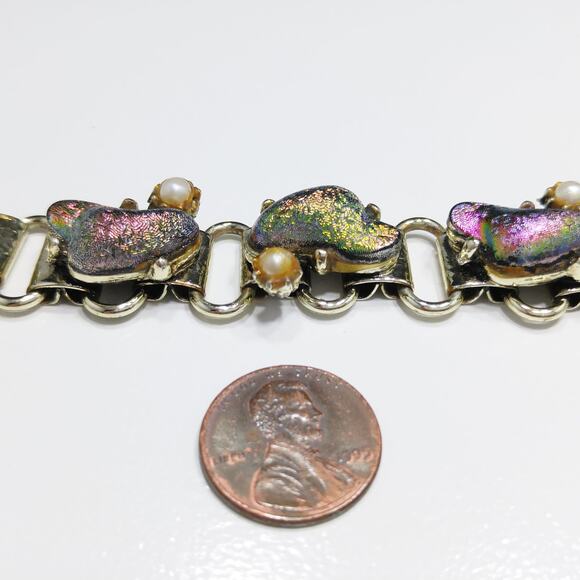 Vintage Holographic Art Glass Bracelet, Book Chain, Faux Pearls, 1960s Jewelry - Picture 6 of 10